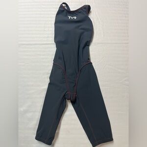 Women’s TYR tech racing suit, size 26, dark grey with red stitching